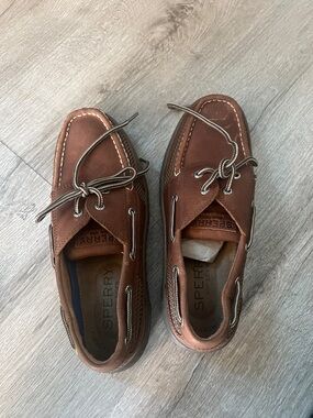 Sperry Brown Leather Moc-Toe Boat Shoes with Two-Tone Laces
